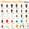 Assorted plastic push rivets for auto trim, bumper, and panel fastening in various sizes and colors.