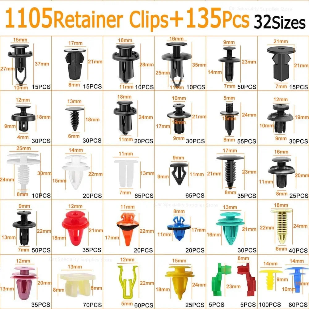 Assorted plastic push rivets for auto trim, bumper, and panel fastening in various sizes and colors.