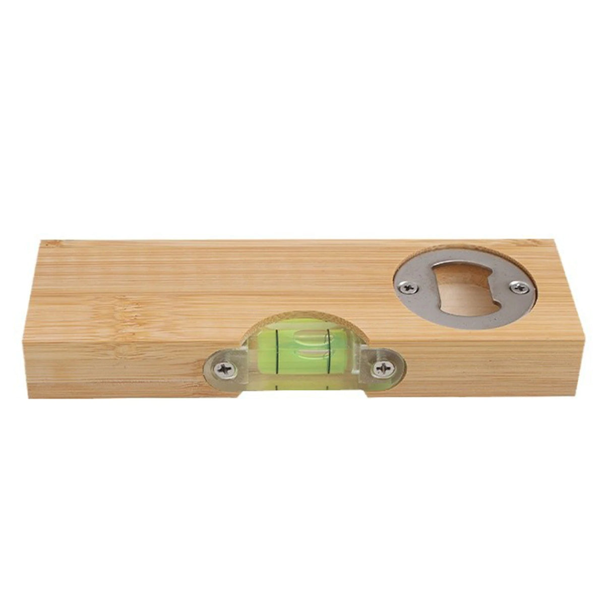 Holz-Öffner mit eingebautem Spiritlevel und durchscheinendem grünen Indikator.