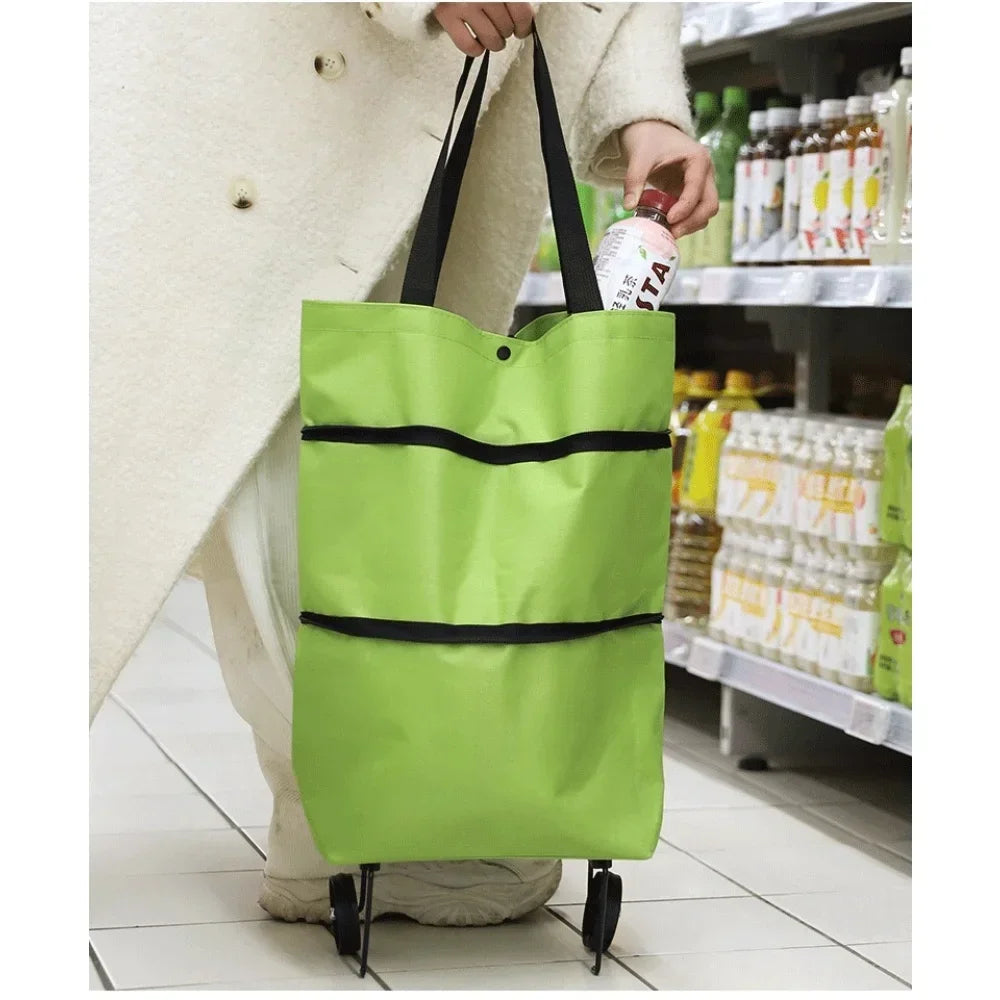 A bright lime green foldable shopping tote bag with black stripes is being held by a person in front of a grocery store shelf