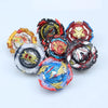 A collection of ten metal battle spinning tops in various colors including red, gold, black, and blue.