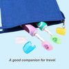 A pack of colorful portable toothbrush head protectors and caps displayed on a blue fabric background.