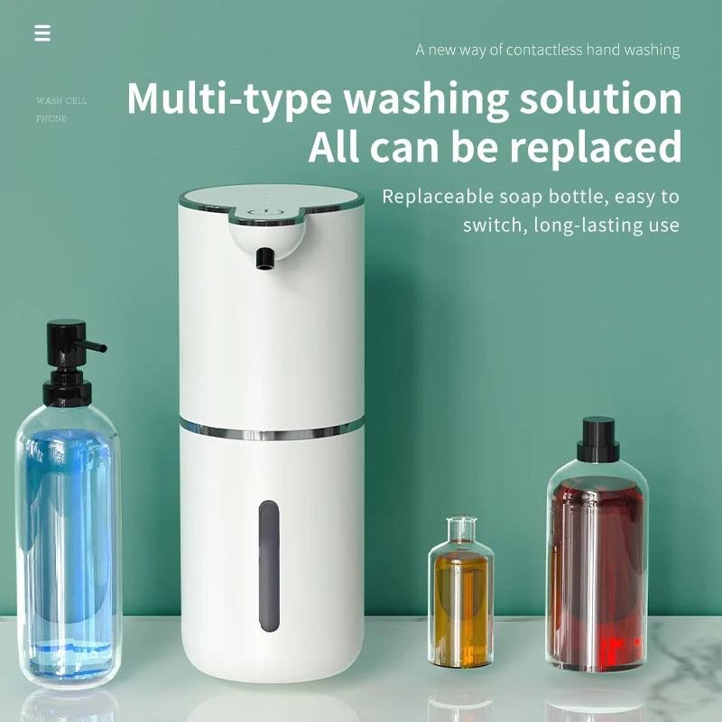 A white multi-type washing solution dispenser with replaceable soap bottles and various liquid soaps on a counter.