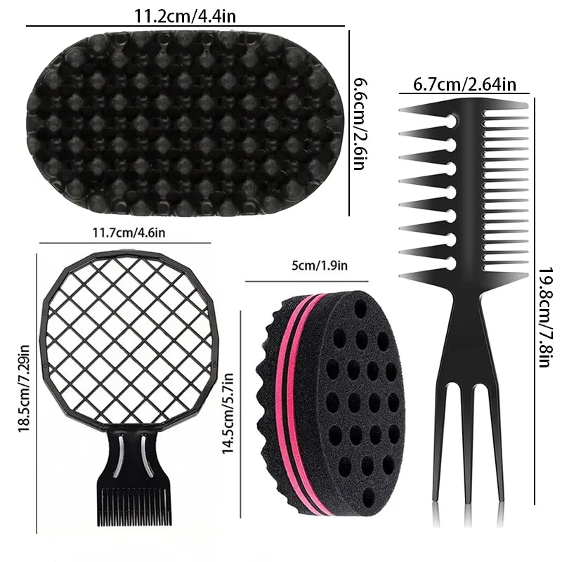 A black hair brush and sponge comb kit with various sizes and shapes for styling hair.