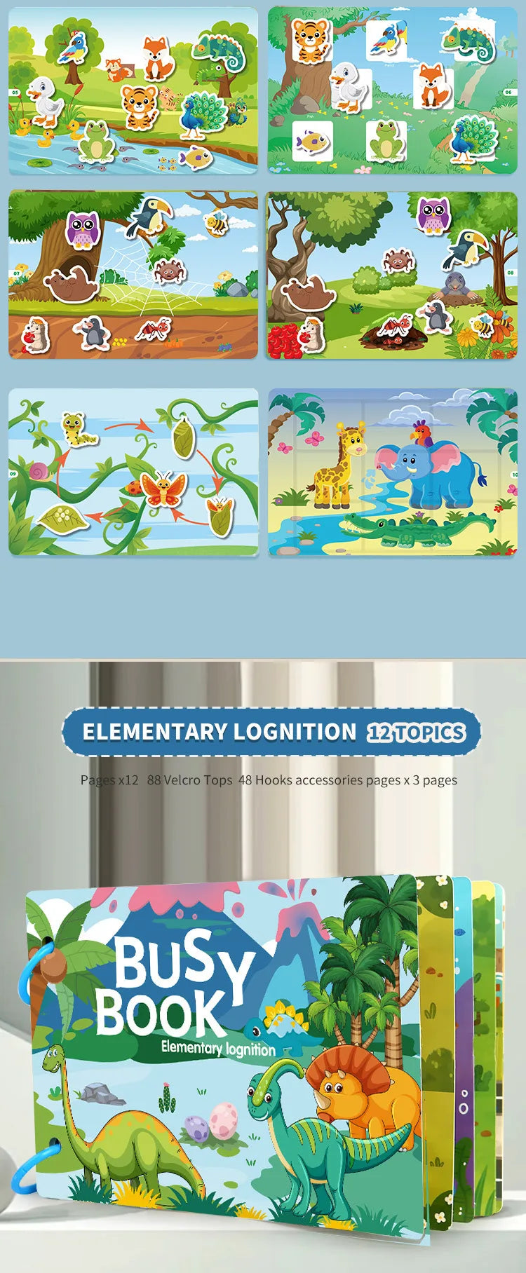 Montessori Busy Book for Toddlers – Reusable Sticker & Velcro Learning Activities