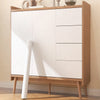 A light wood grain cabinet with white doors and drawers, featuring a natural finish.