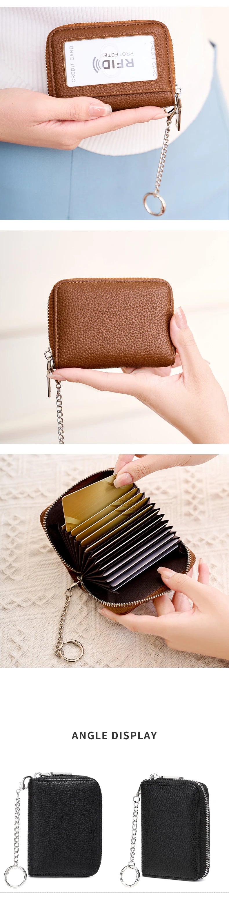 A brown accordion wallet with a leather cover and a silver chain, shown in various angles.