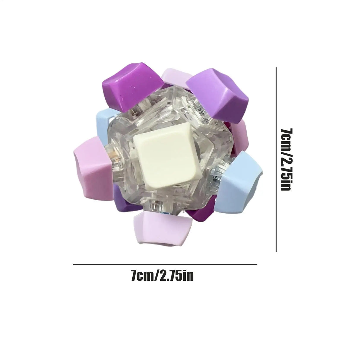 Klares Acryl-Fidget-Spielzeug mit weißer quadratischer Einfassung, umgeben von lila und blauem Silikonblöcken.