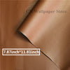 Close-up of a brown leather material showing a stitched edge and size dimensions 7.87 inch by 11.81 inch.