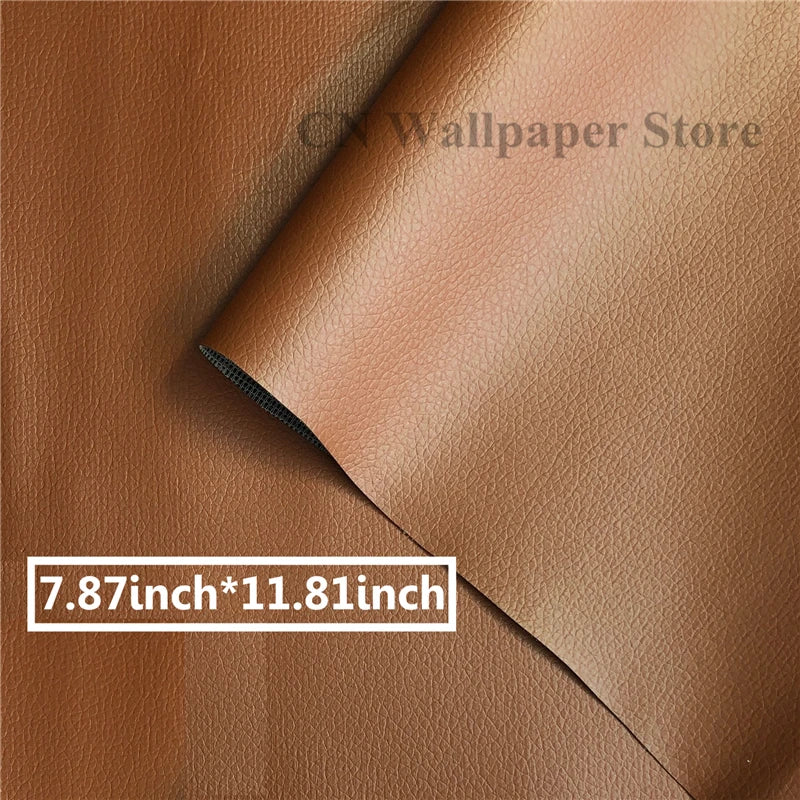 Close-up of a brown leather material showing a stitched edge and size dimensions 7.87 inch by 11.81 inch.