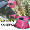 A pink soft foam kneepad is shown being worn by a person while gardening.