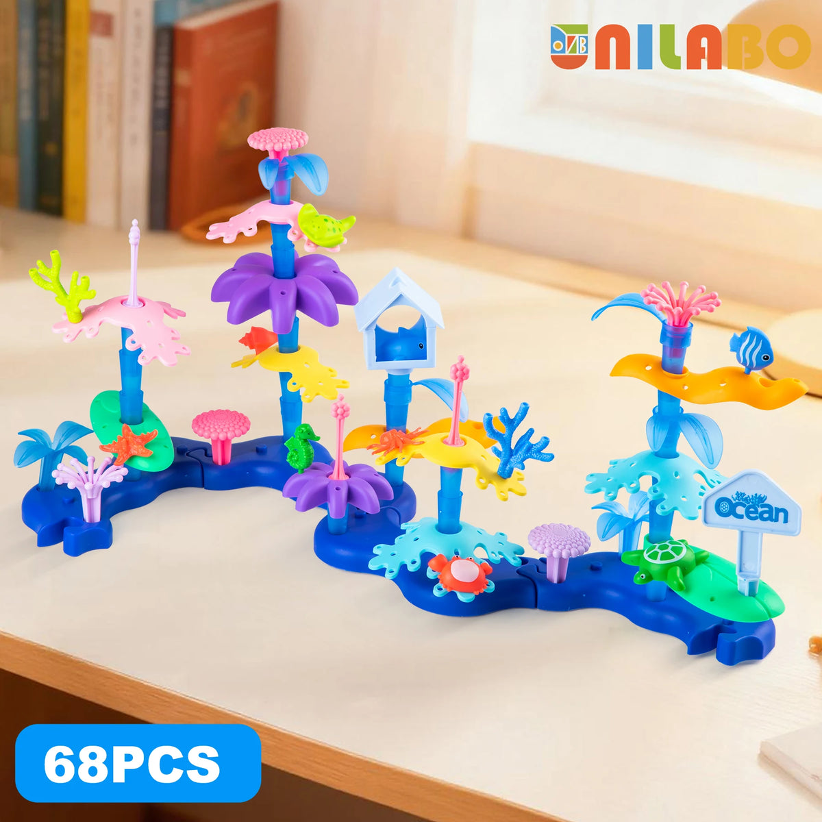 A set of 68 pieces of STEM flower garden building toys featuring various colorful plastic flowers and plants.