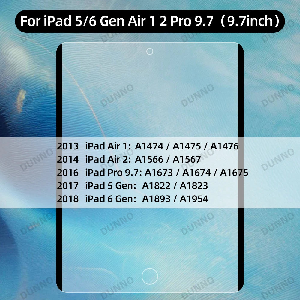 A screen protector for an iPad, showing various model years and identifiers.