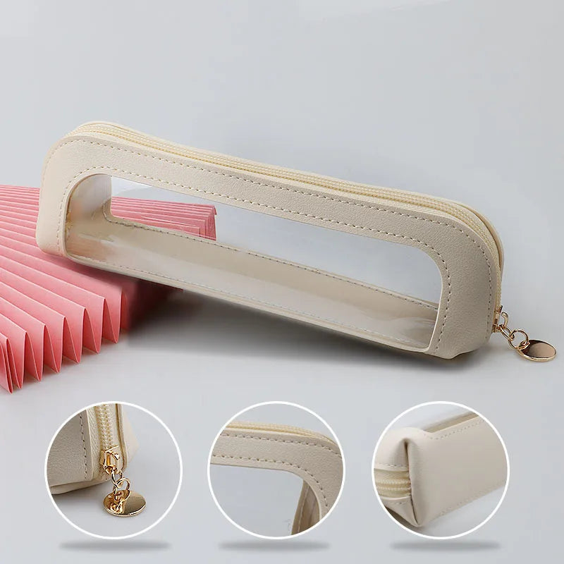 A beige clear waterproof travel makeup organizer pouch with a leather trim shown from multiple angles.