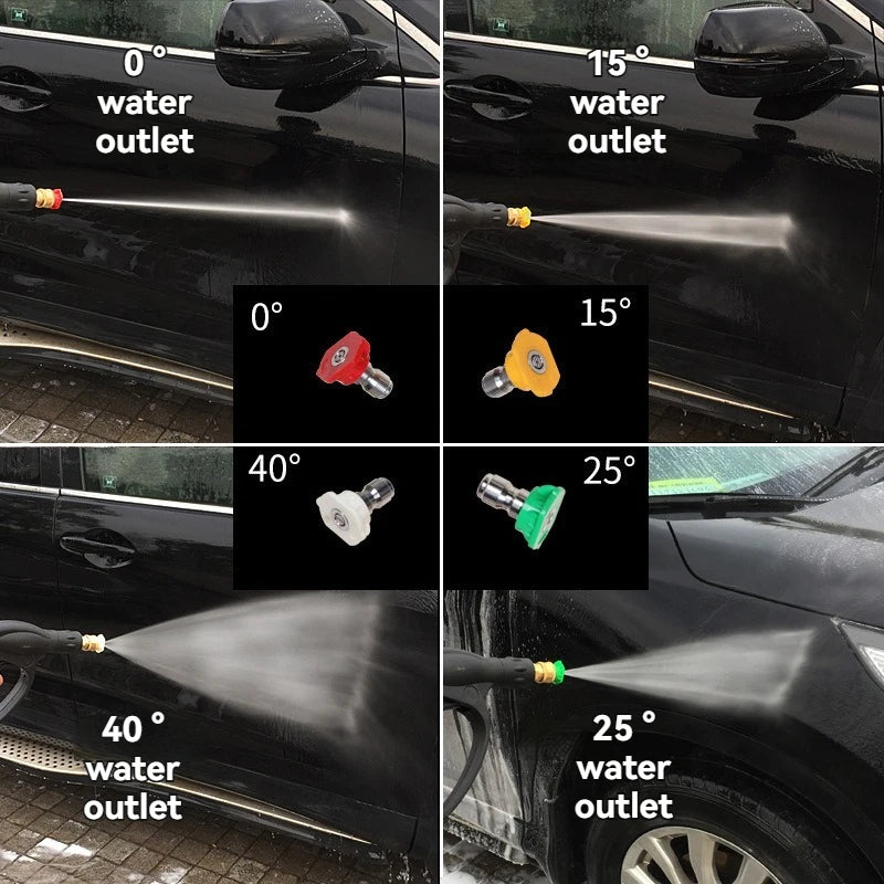 Demonstration of a high-pressure foam cannon with five different nozzle angles for car washing.
