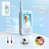 A white kids video walkie talkie with an antenna and camera, showing features like volume control and microphone hole.
