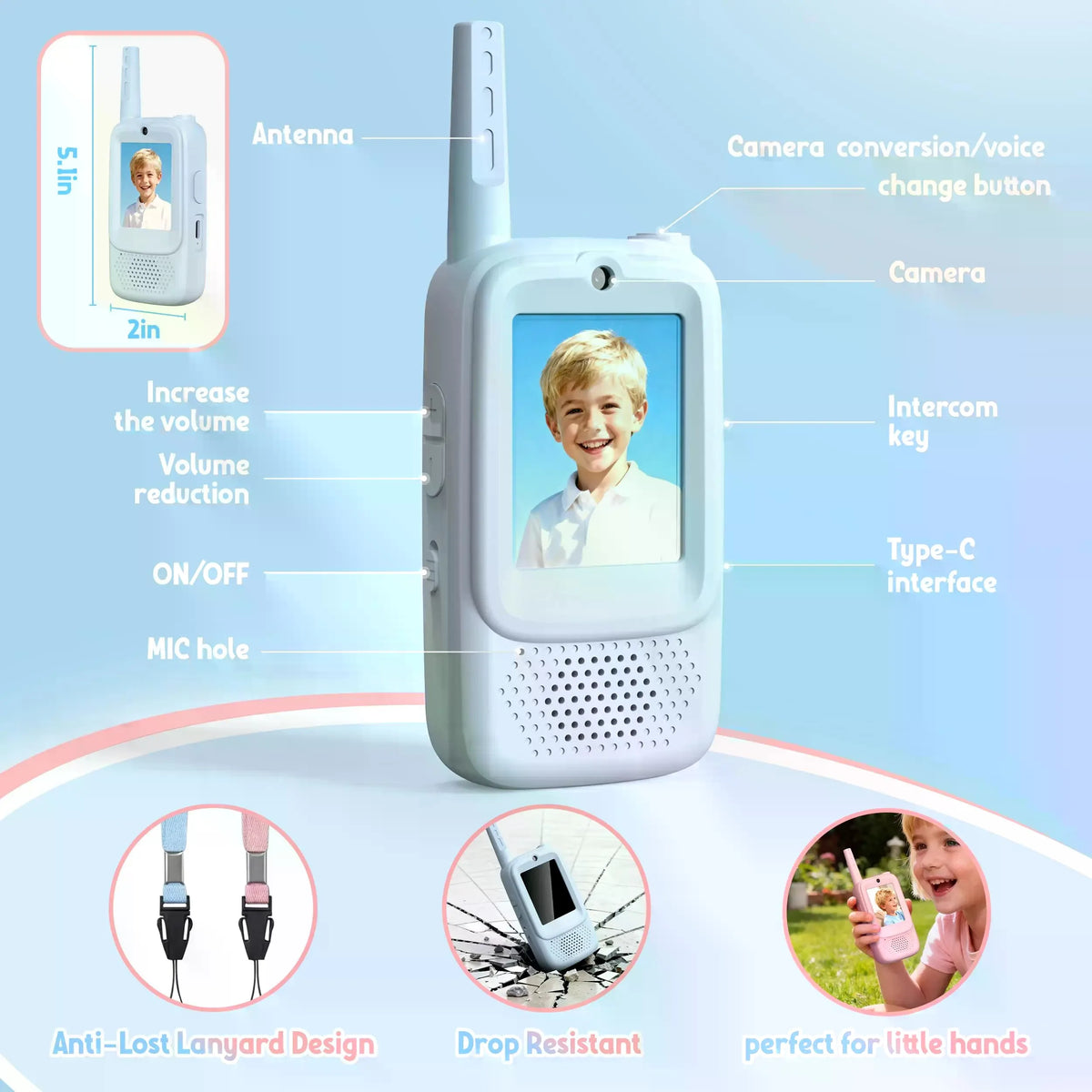 A white kids video walkie talkie with an antenna and camera, showing features like volume control and microphone hole.