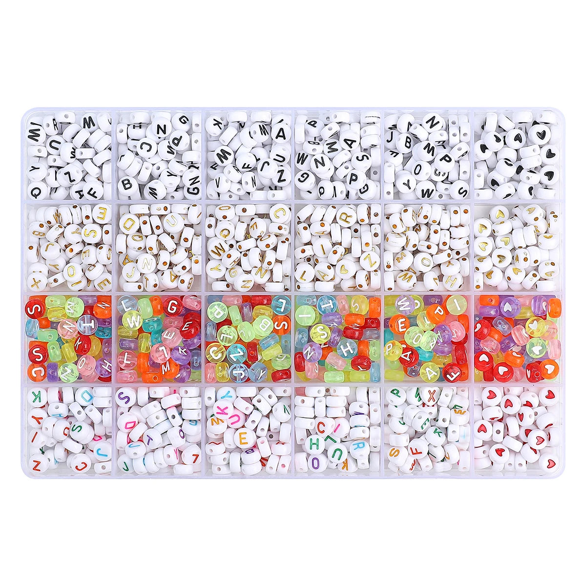 A grid storage box filled with various colored and white acrylic letter beads for jewelry making