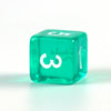 A single green transparent polyhedral die showing the number 3.