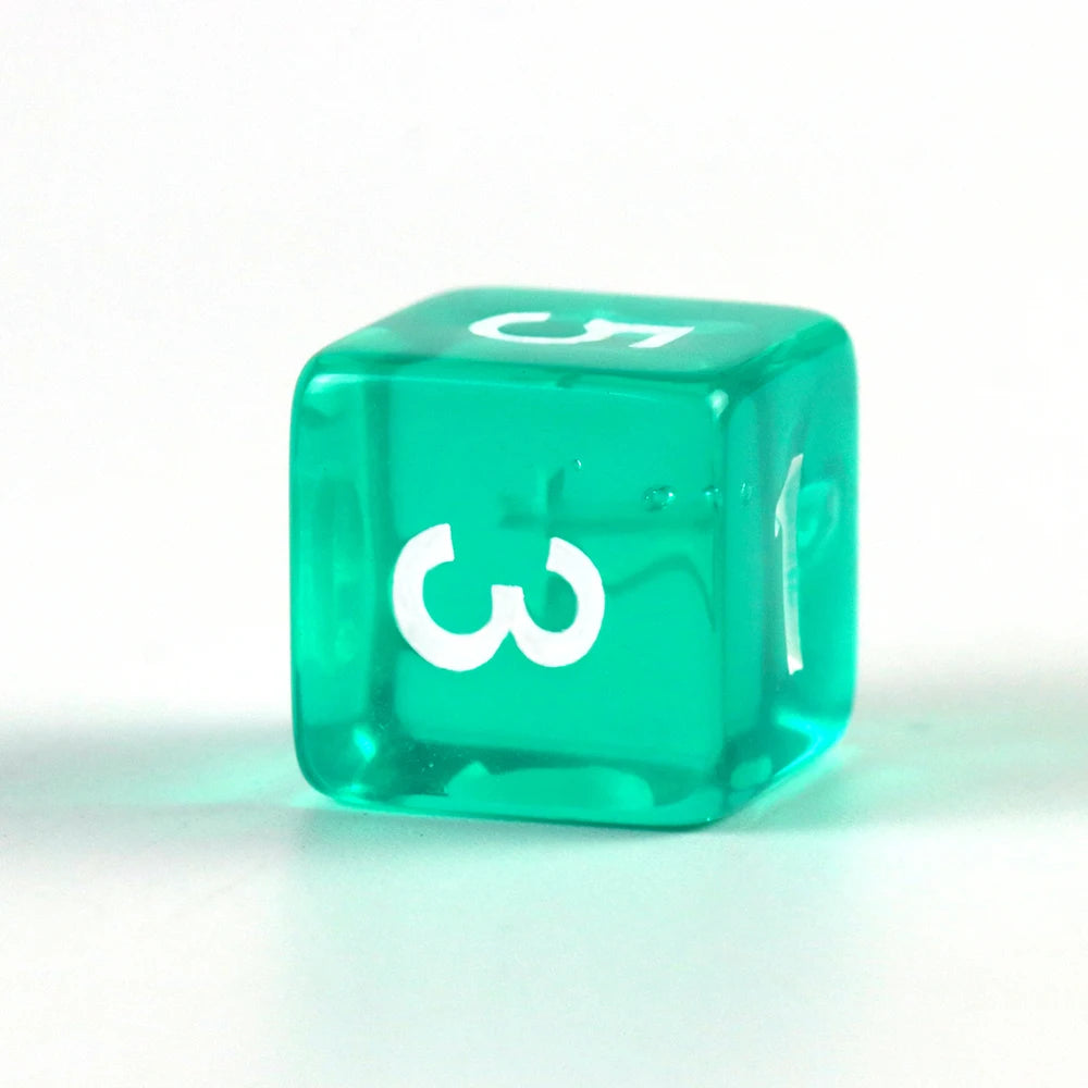 A single green transparent polyhedral die showing the number 3.