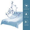A blue fitted mattress protector is shown being tested for waterproof, anti-dust, and ventilating properties.