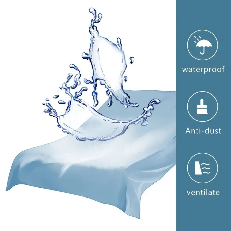 A blue fitted mattress protector is shown being tested for waterproof, anti-dust, and ventilating properties.