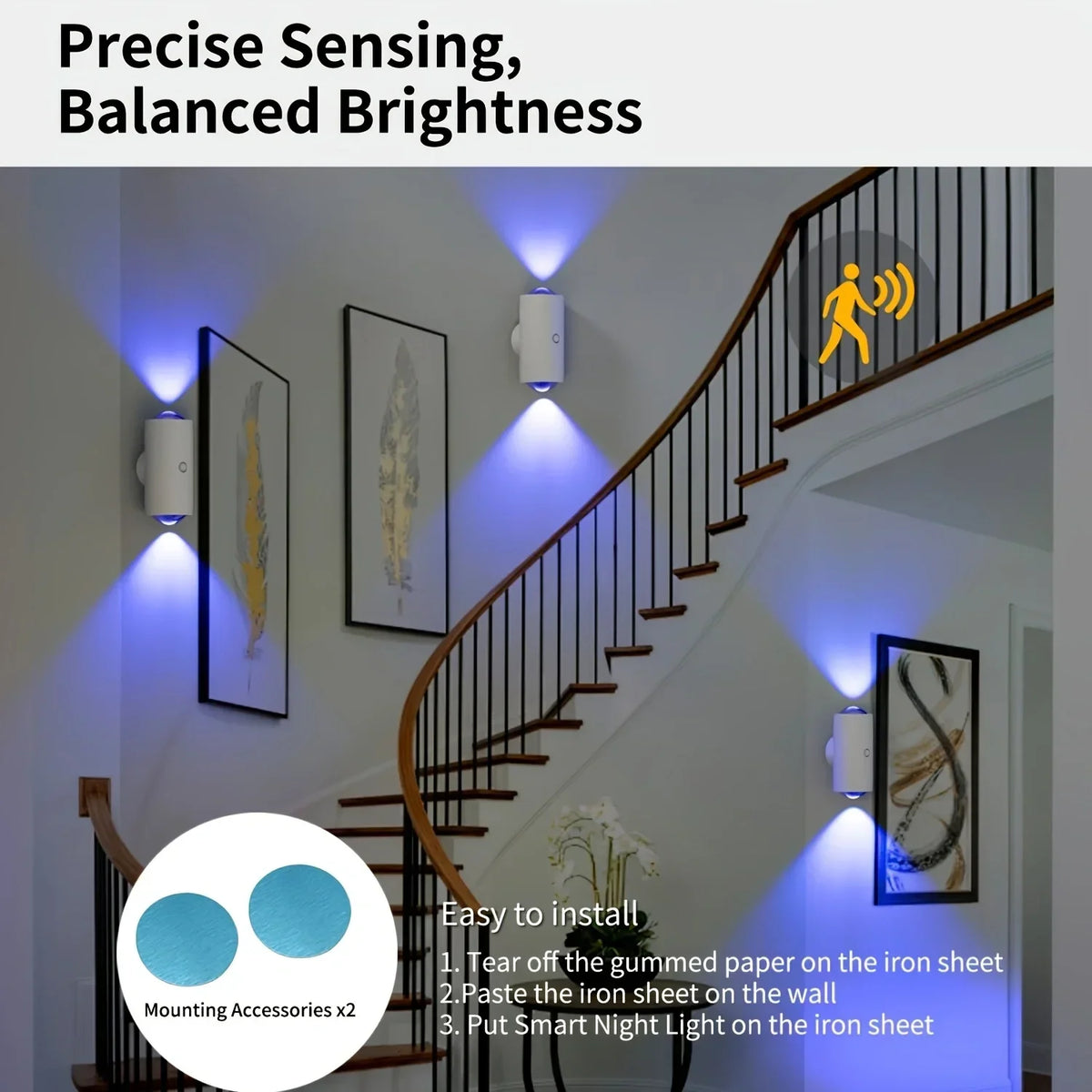 A smart night light is installed on a staircase wall, illuminating the area with balanced brightness.