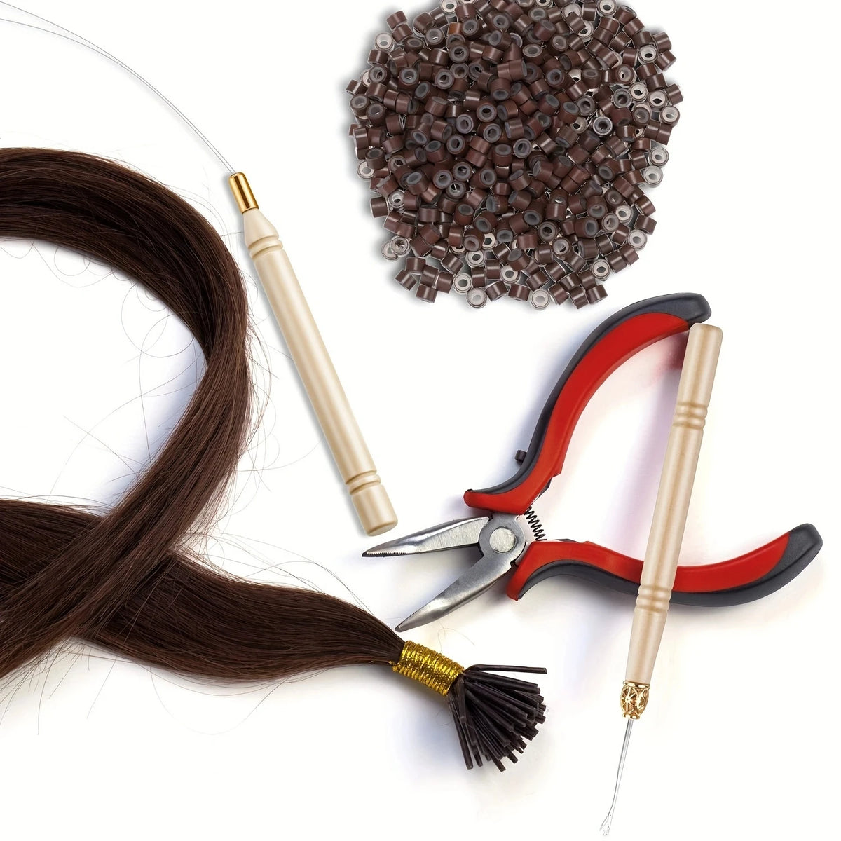 Hair extension installation kit showing silicone-lined micro rings and a bundle of dark brown hair extensions