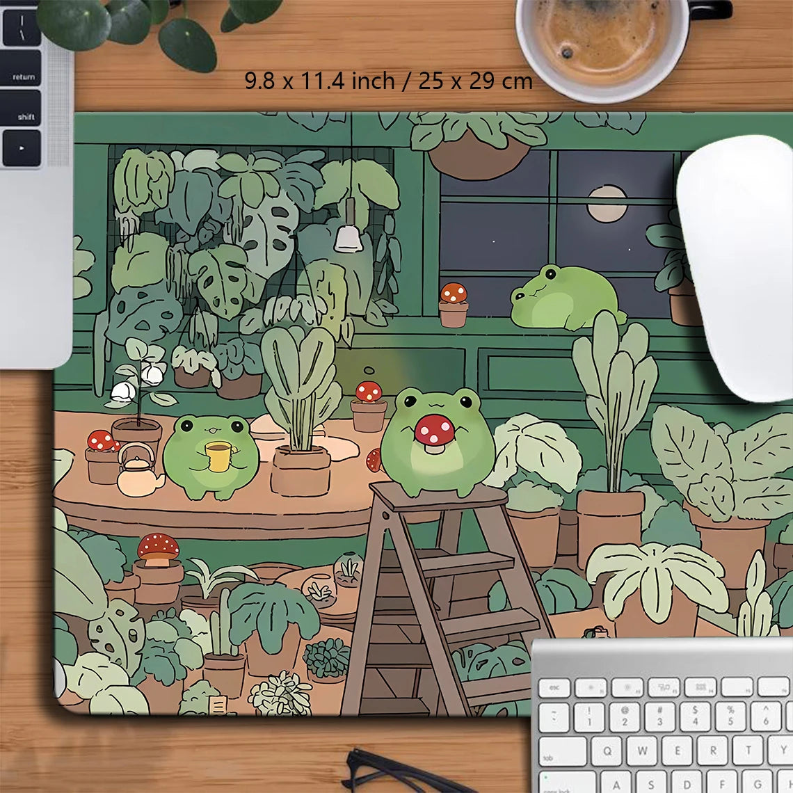 A large extended desk mat featuring a kawaii frog and lush green nature design on a wooden surface.