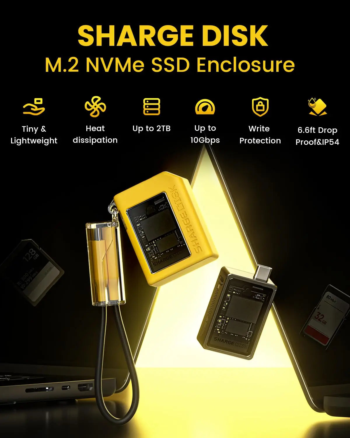 A yellow M.2 NVMe SSD enclosure is shown with a heat sink, highlighting its features for storage and protection.