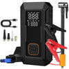 Black portable car jump starter featuring an air compressor, LED light, and various accessories.