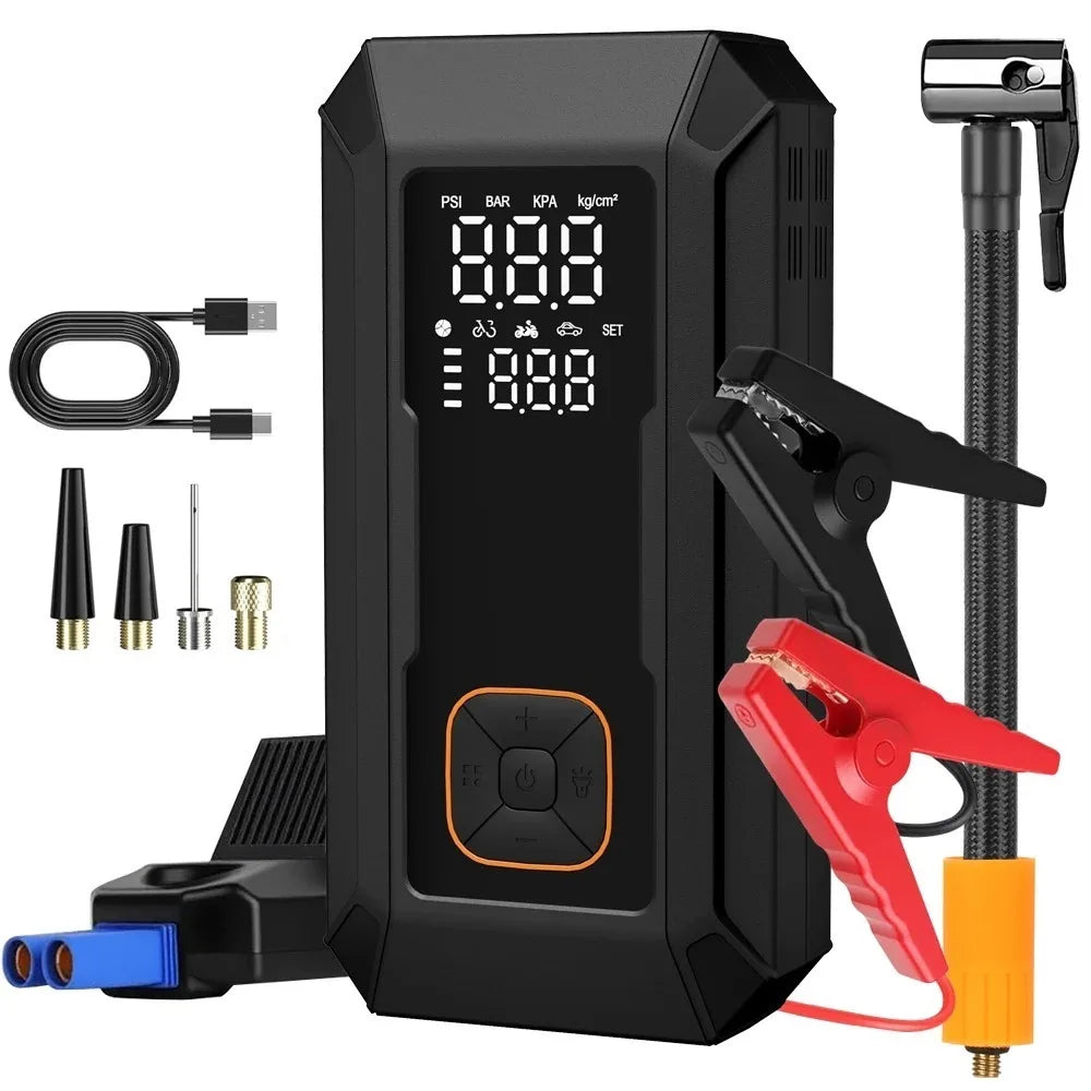 Black portable car jump starter featuring an air compressor, LED light, and various accessories.