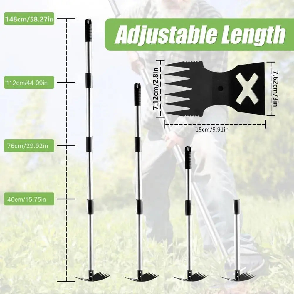 Adjustable long handle garden hoe and weed rake shown with various length options.