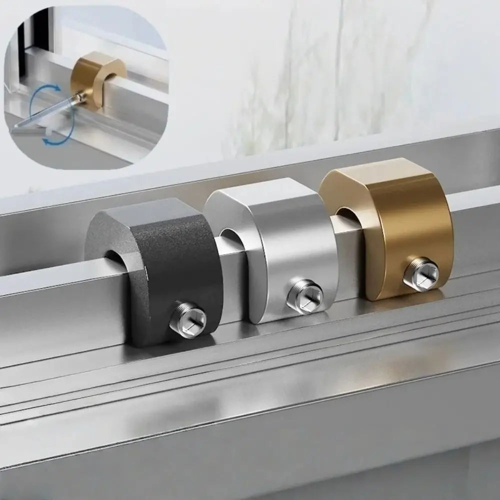 Close-up of adjustable aluminum sliding window lock stoppers in silver, black, and gold finishes.