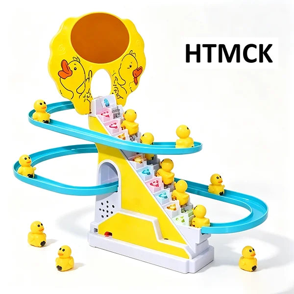 A yellow and blue plastic toy featuring a duck climbing track for children.