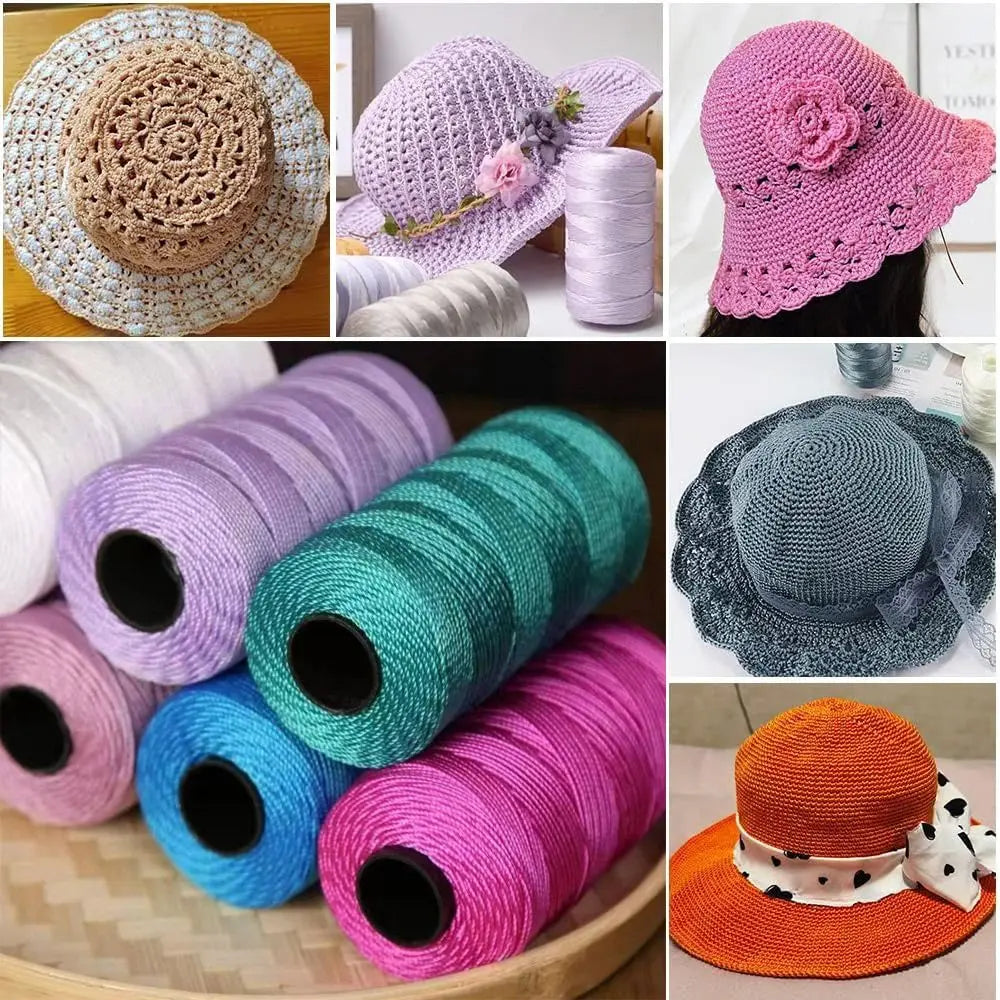 Rolls of pink, purple, and green soft polyester yarn for knitting and crochet projects