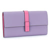 A lavender women's cowhide leather bifold wallet with a pink strap and card slots.