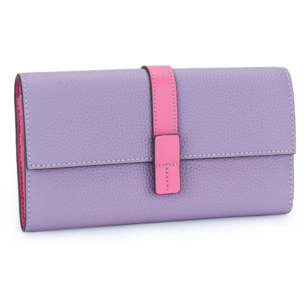 A lavender women's cowhide leather bifold wallet with a pink strap and card slots.