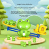 A green frog balance toy demonstrating insight pointer deflection with various frogs and weights.