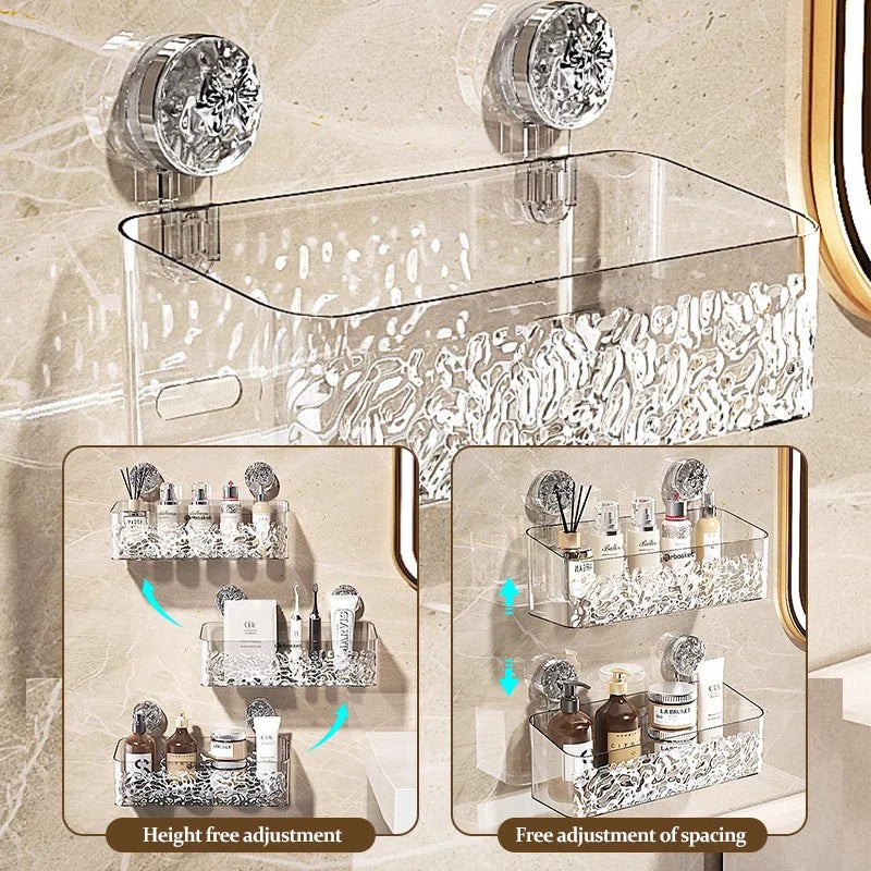 Wall-mounted suction cup storage basket with water ripple design showing various cosmetic and beauty tools.