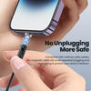 A hand connects a magnetic fast charging cable to an iPhone, demonstrating a safe, non-pluggable connection.