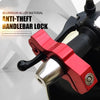 A close-up view of a red aluminum alloy anti-theft handlebar lock mechanism for electric vehicles or motorcycles.