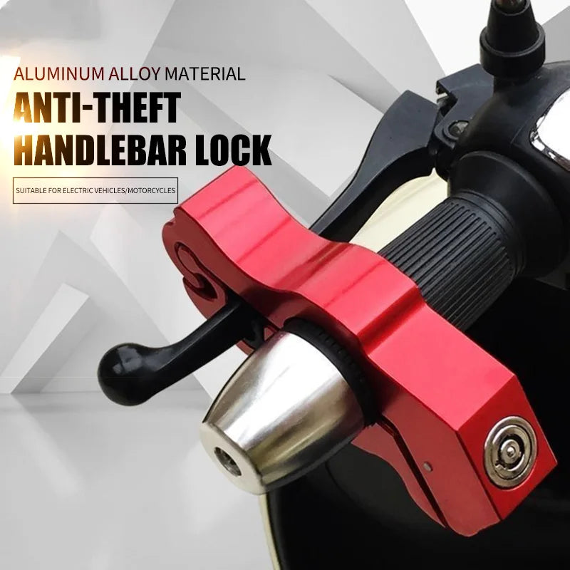 A close-up view of a red aluminum alloy anti-theft handlebar lock mechanism for electric vehicles or motorcycles.