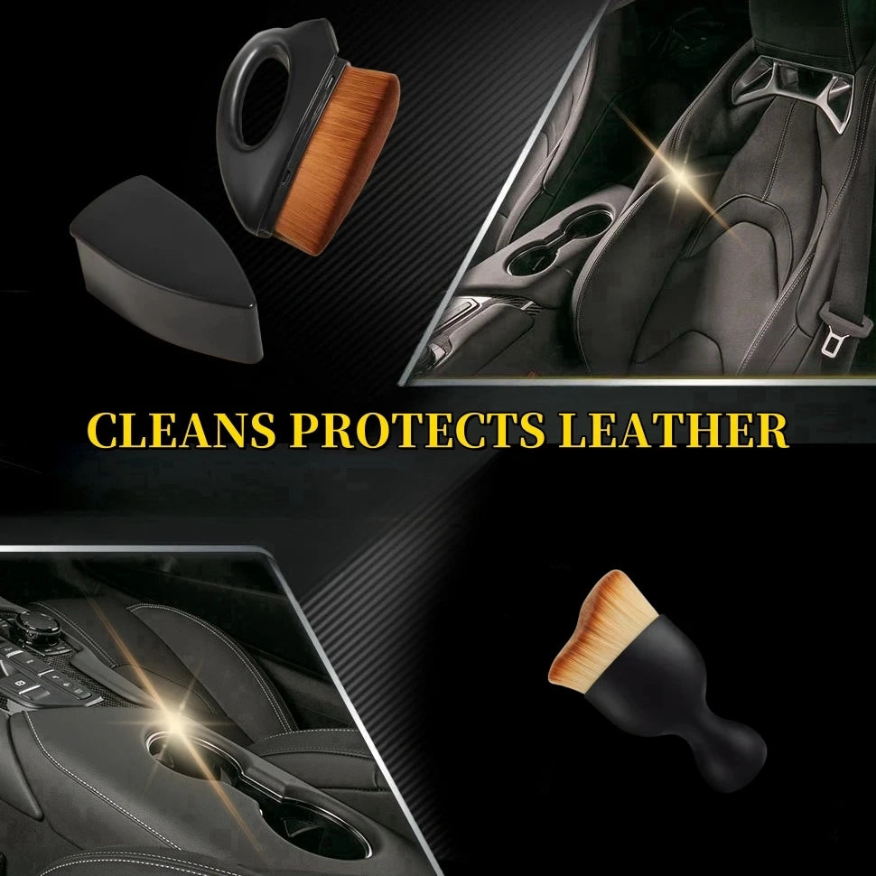 A set of five detailing brushes, including a wooden brush and a black brush, used for cleaning car interiors.