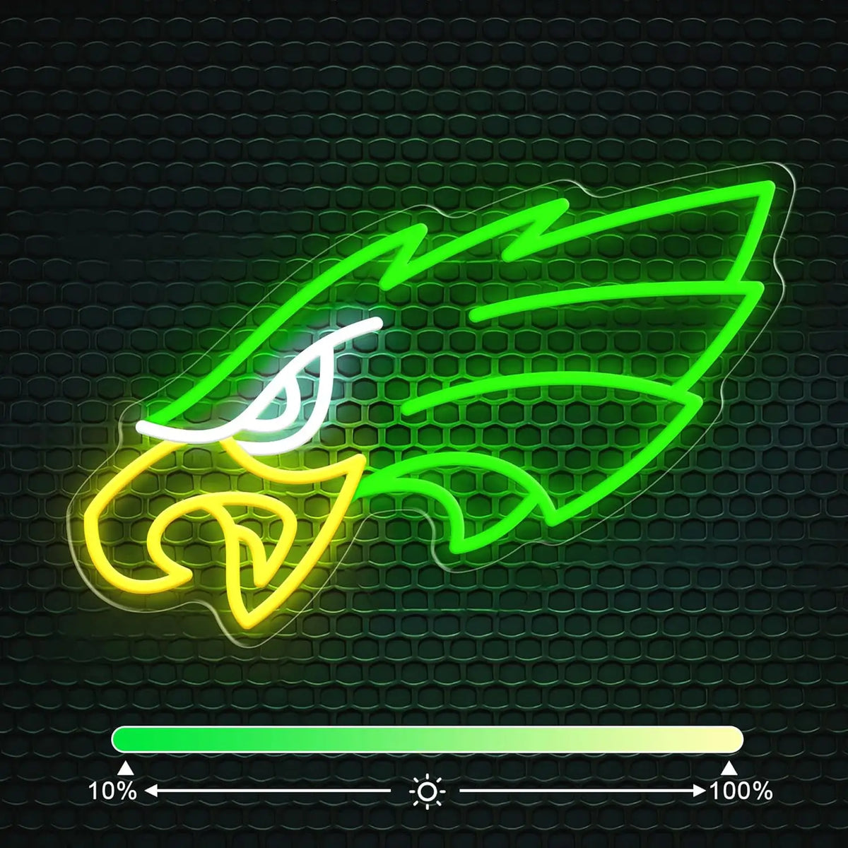A neon sign shaped like an eagle in bright green and yellow outlines on a dark textured background.