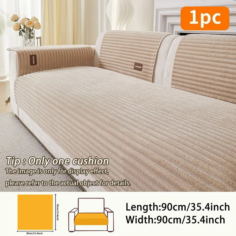 A beige striped sofa cushion cover displayed on a light-colored sofa, showing the fabric texture and dimensions.