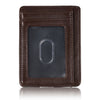 A dark brown slim leather wallet with a clear window showing an RFID blocking feature.