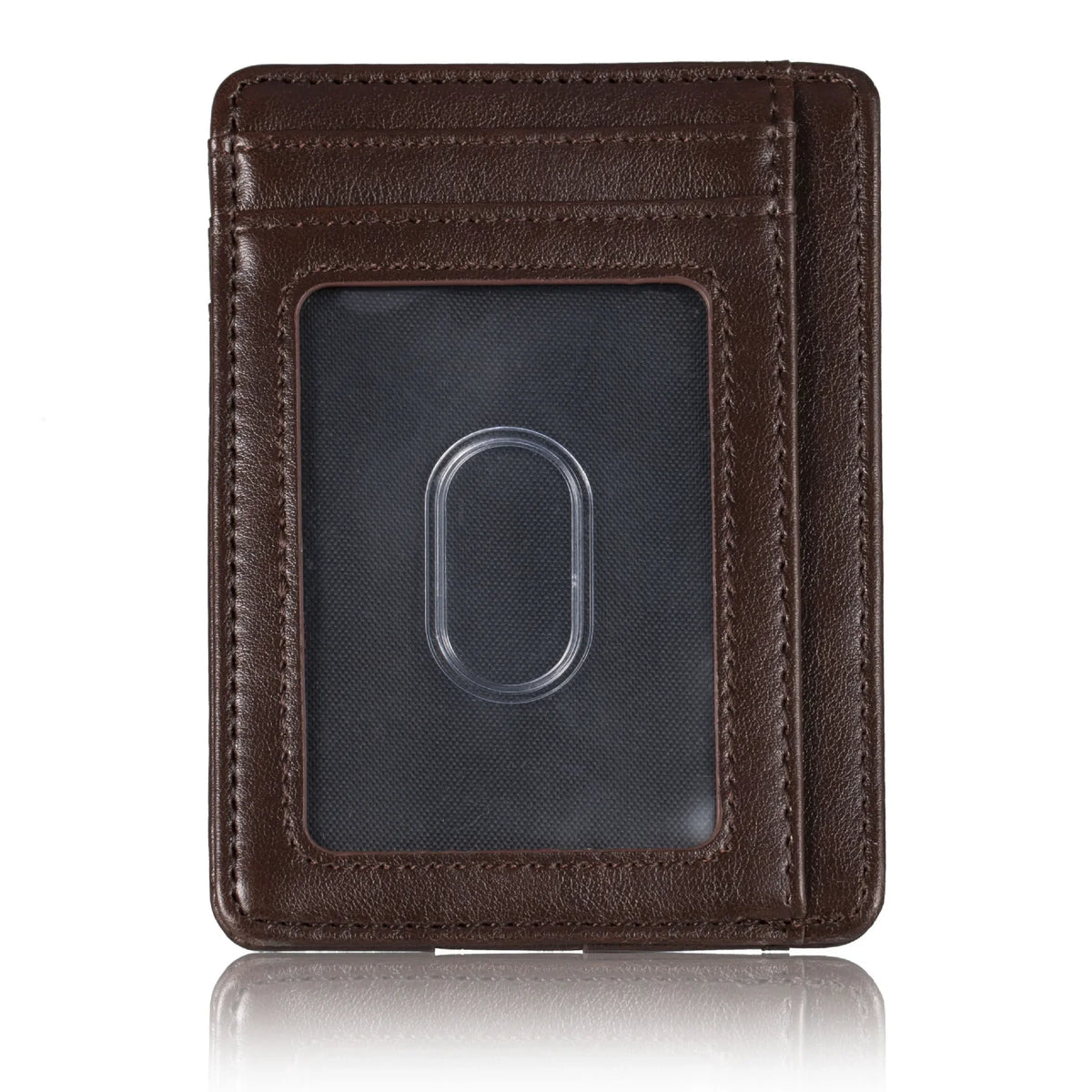 A dark brown slim leather wallet with a clear window showing an RFID blocking feature.