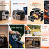 A black portable power station with a LiFePO4 battery and various accessories shown in different contexts.
