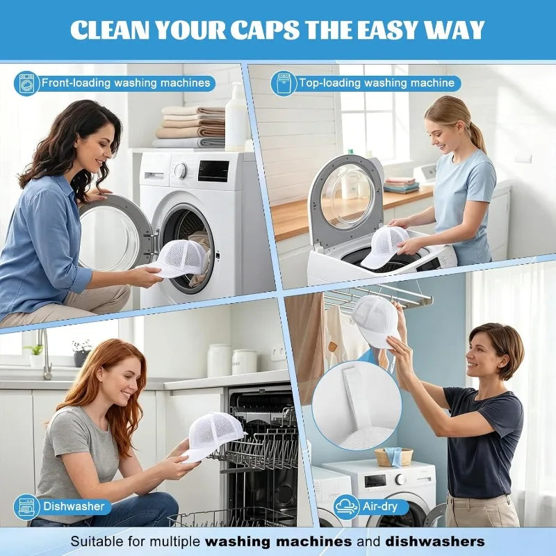 A clear mesh laundry bag used as a protector for baseball caps in front-loading and top-loading washing machines.